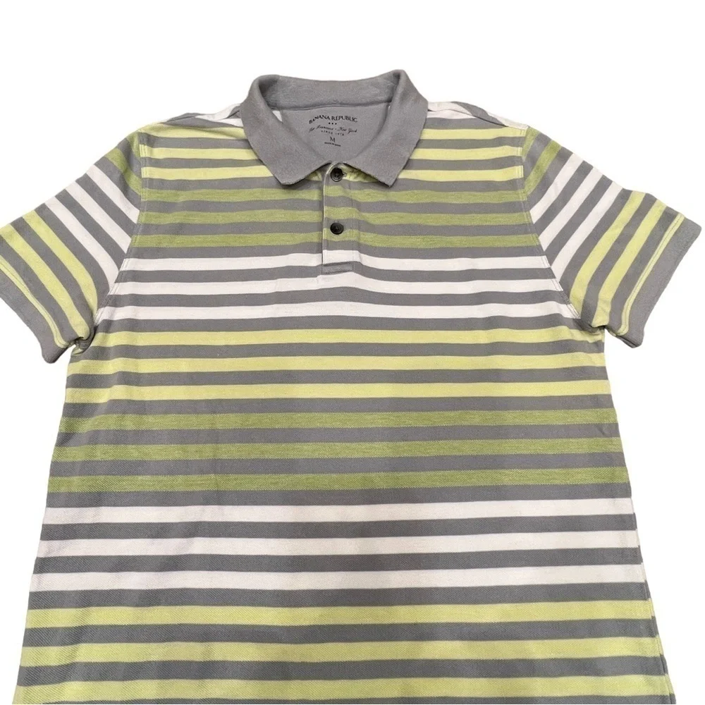Banana Republic Mens Gray & Green Striped Polo Shirt, Size Medium